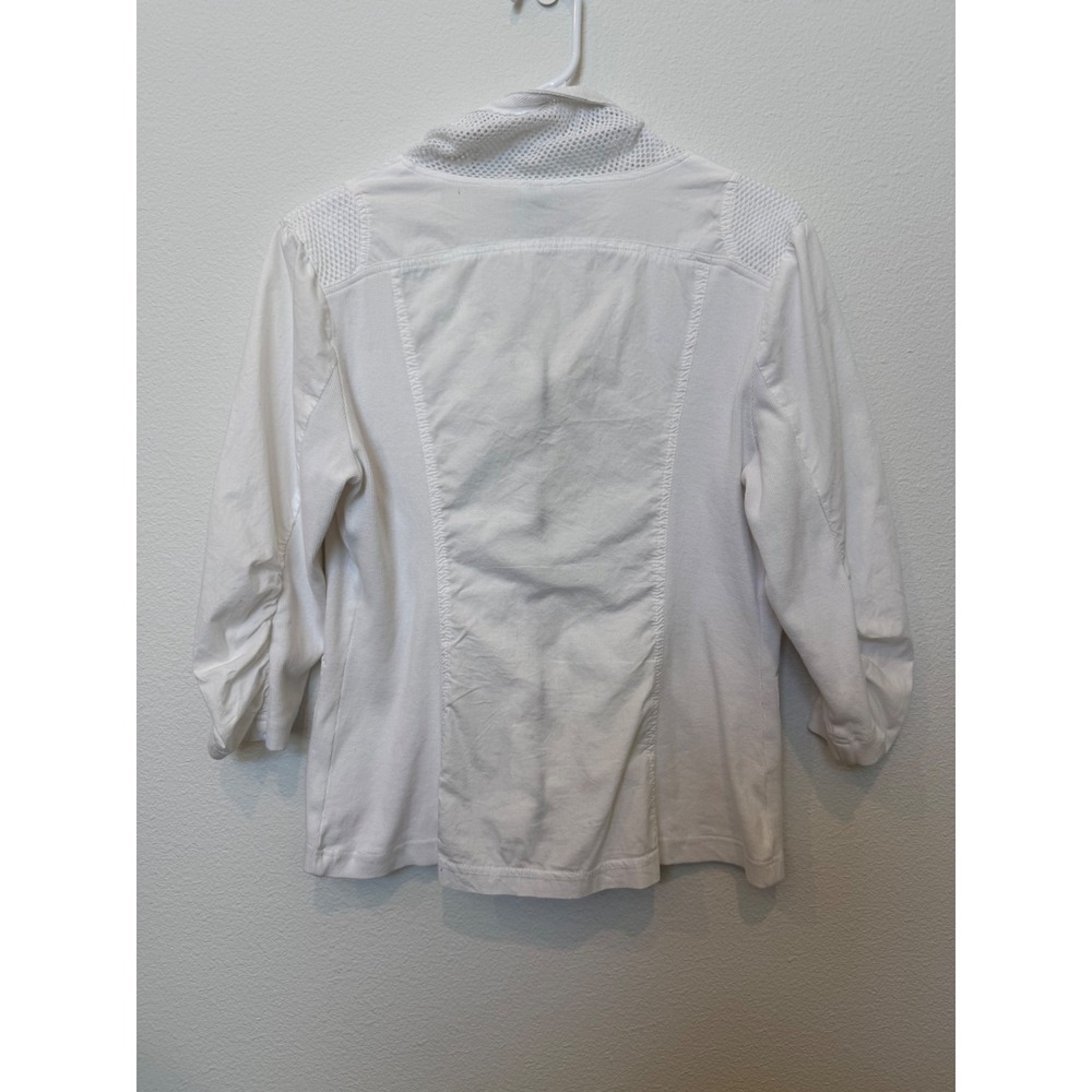 XCVI Womens White Cotton Mesh Mix Zip Up Jacket Cowl Neck Ruched Sleeve M - Picture 2 of 7